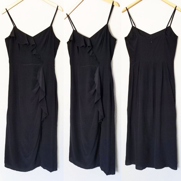 Parker 100% Silk Ellender Ruffle Slit Midi Dress Sz 6 Black Slip Asymmetric $378 - Picture 11 of 12